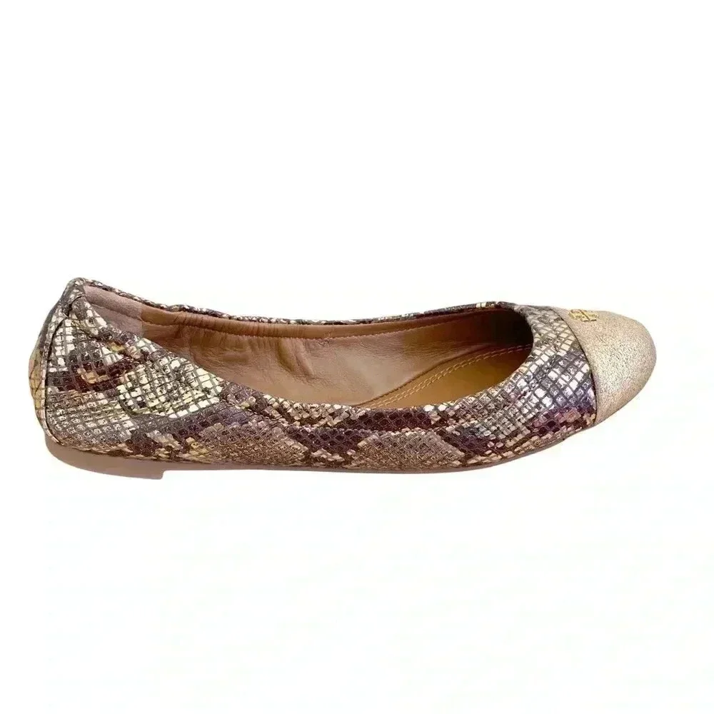 Tory Burch Gold Roccia Ballet Flats Shoes Size 6 Cap Toe Snakeprint Classic